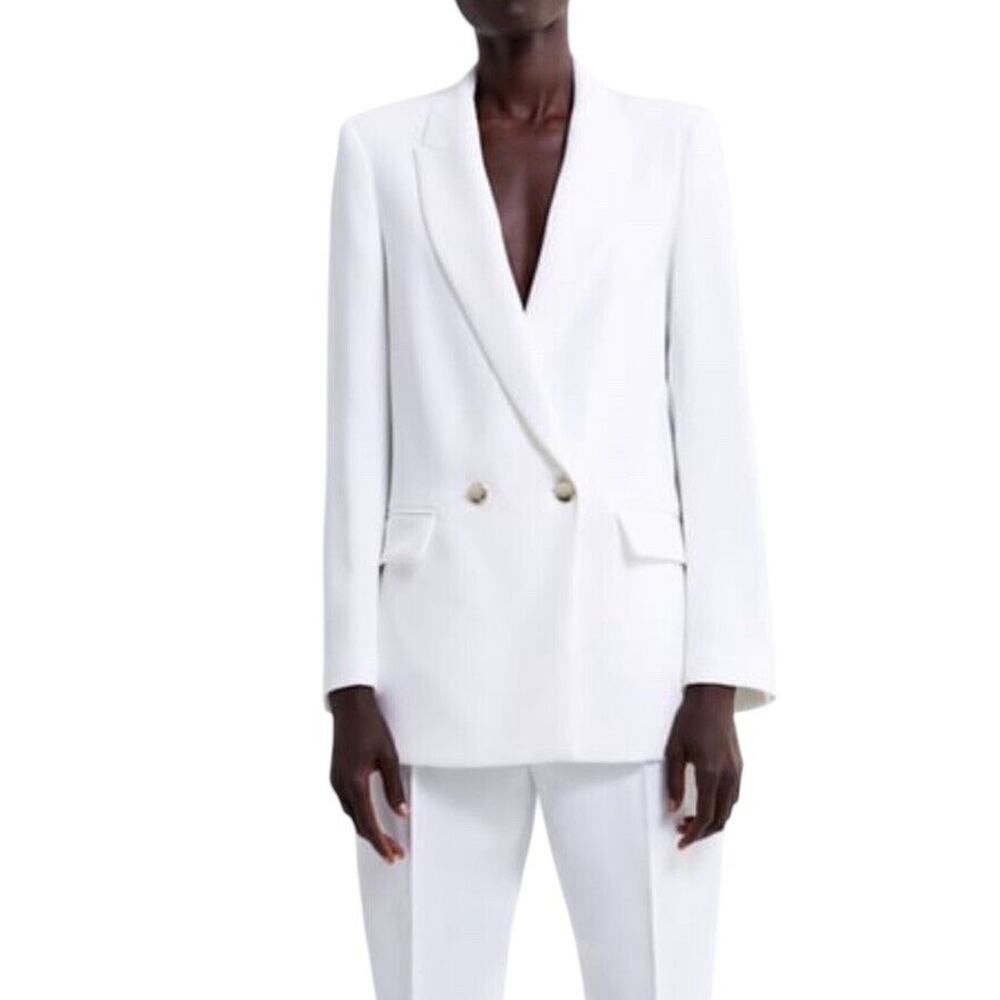 Zara Longline White Double Breasted Blazer Women S Tailored‎ Notch Collar Lined